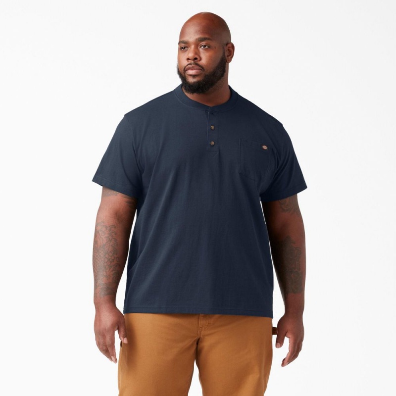 Navy Dickies Heavyweight Short Sleeve Henley Men's T-Shirt | 148-UQRVAJ