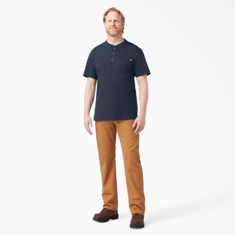 Navy Dickies Heavyweight Short Sleeve Henley Men's T-Shirt | 148-UQRVAJ