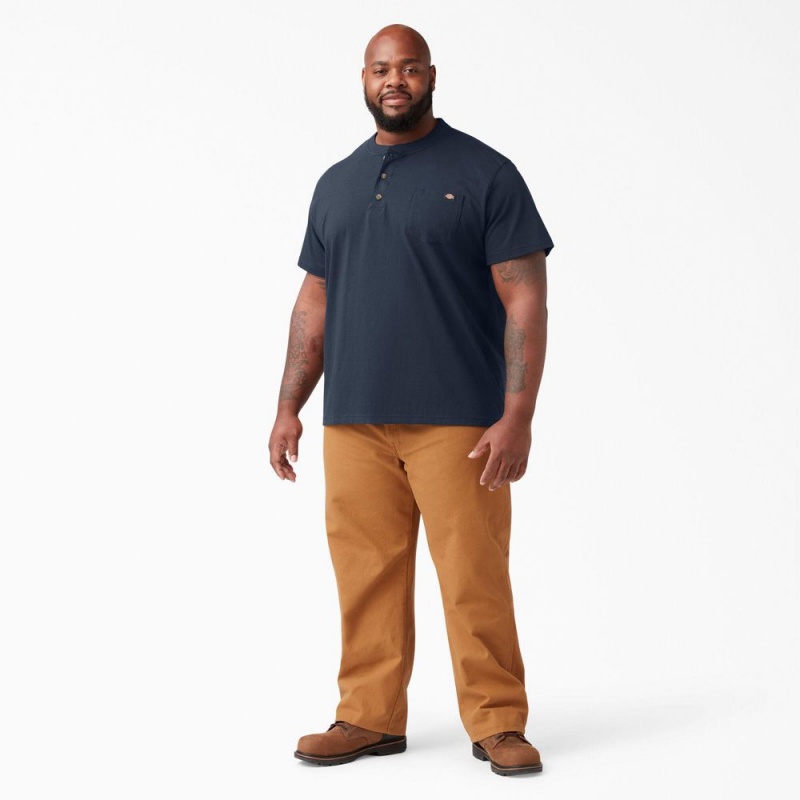 Navy Dickies Heavyweight Short Sleeve Henley Men's T-Shirt | 148-UQRVAJ