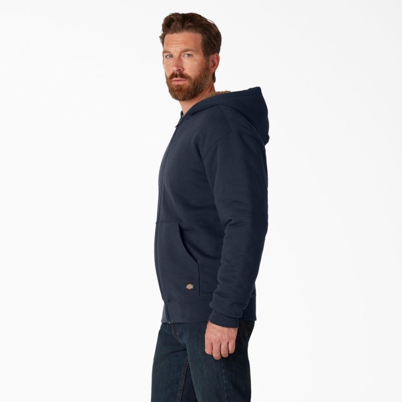 Navy Dickies High Pile Fleece Lined Full Zip Men's Hoodie | 564-PJGCIB