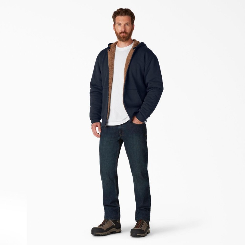 Navy Dickies High Pile Fleece Lined Full Zip Men's Hoodie | 564-PJGCIB