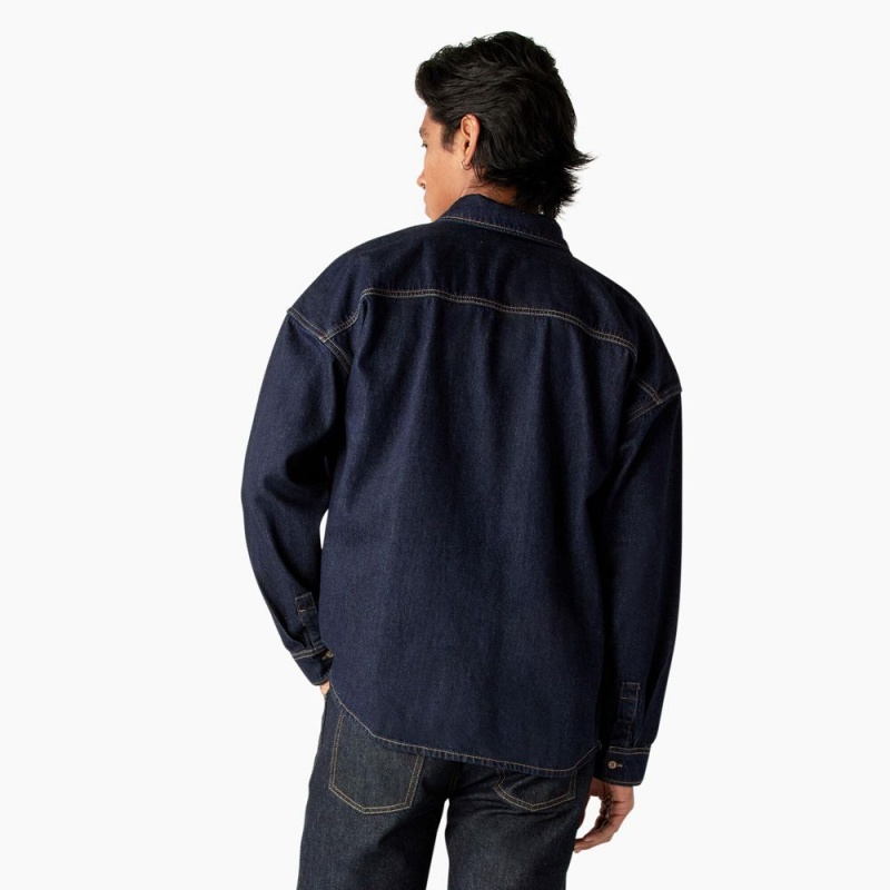 Navy Dickies Houston Denim Men's Shirt | 847-SFHJQL