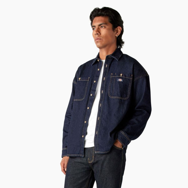 Navy Dickies Houston Denim Men's Shirt | 847-SFHJQL