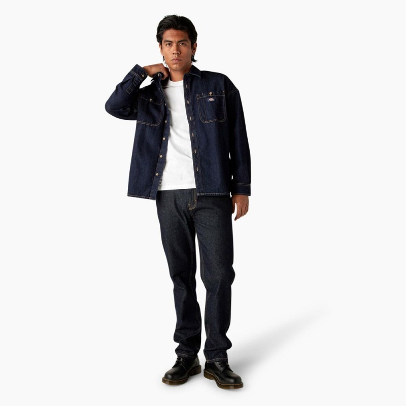 Navy Dickies Houston Denim Men's Shirt | 847-SFHJQL