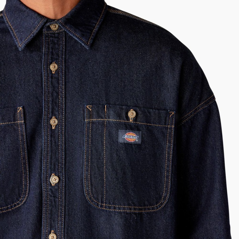 Navy Dickies Houston Denim Men's Shirt | 847-SFHJQL