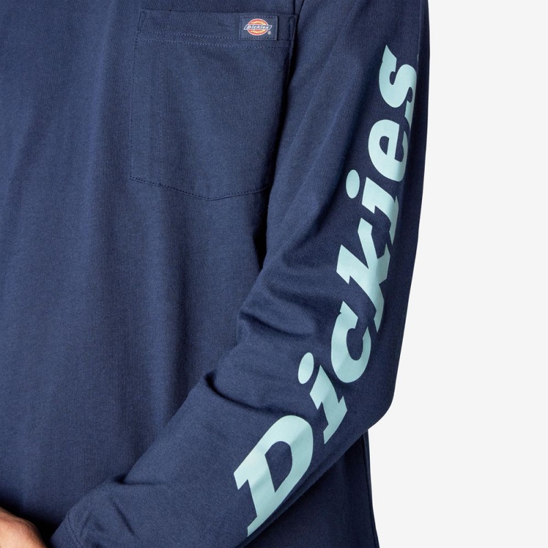 Navy Dickies Logo Graphic Long Sleeve Pocket Men's T-Shirt | 705-BKZGPV