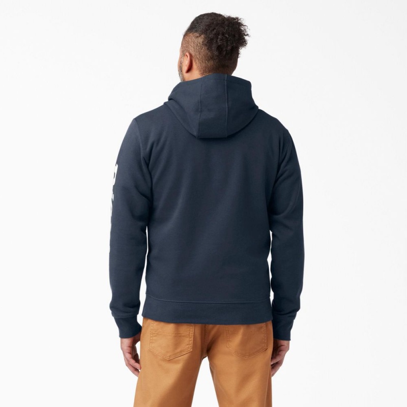 Navy Dickies Logo Sleeve Fleece Men's Hoodie | 075-NRTOZF