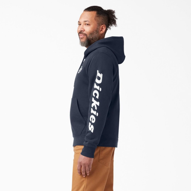 Navy Dickies Logo Sleeve Fleece Men's Hoodie | 075-NRTOZF