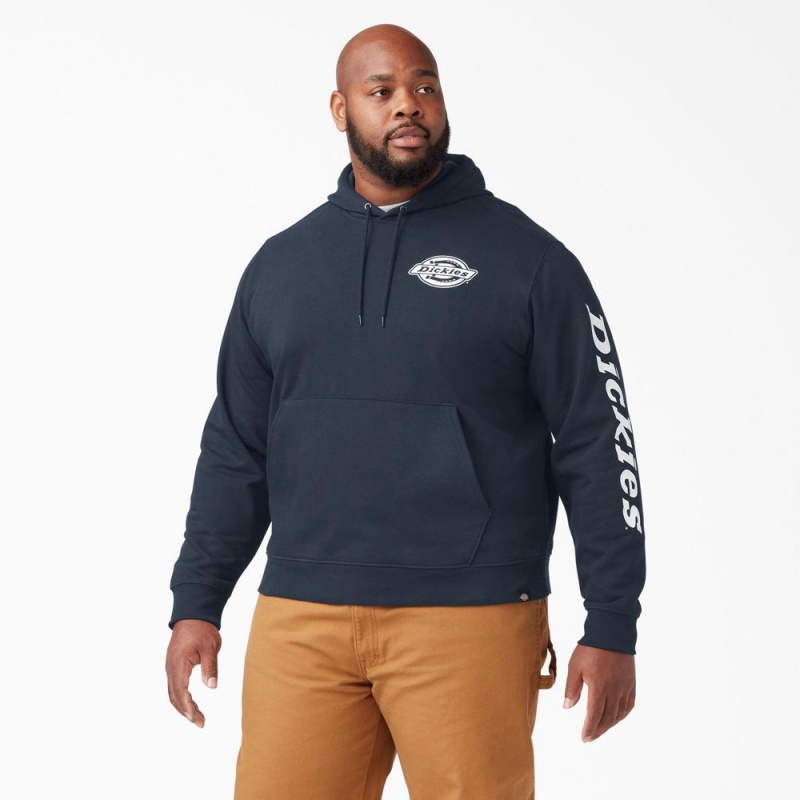 Navy Dickies Logo Sleeve Fleece Men's Hoodie | 075-NRTOZF