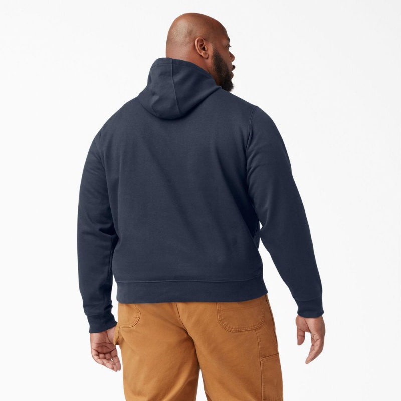 Navy Dickies Logo Sleeve Fleece Men's Hoodie | 075-NRTOZF