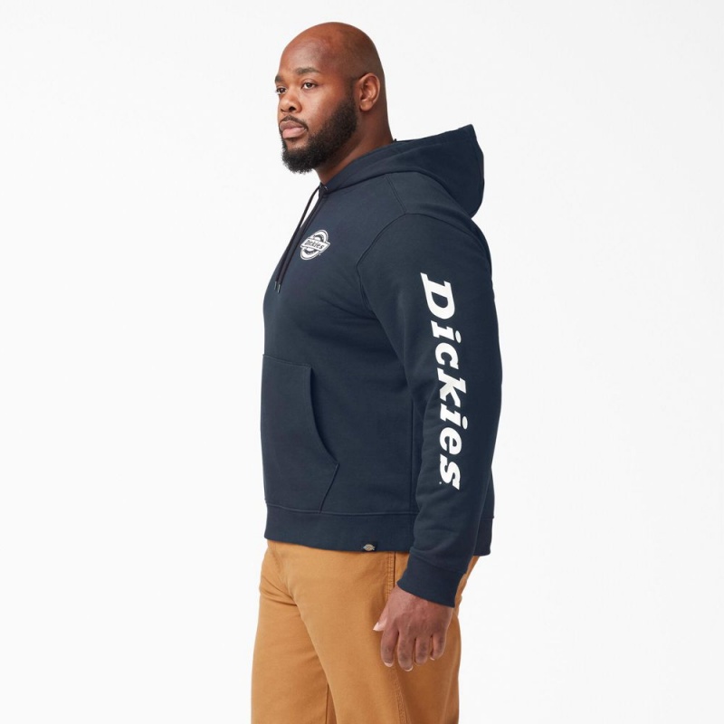 Navy Dickies Logo Sleeve Fleece Men's Hoodie | 075-NRTOZF