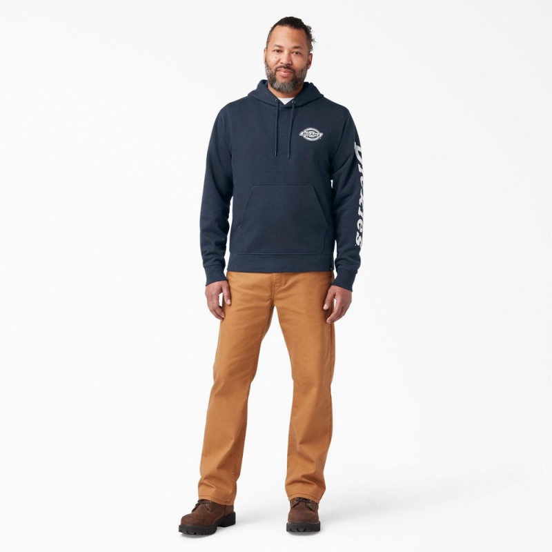 Navy Dickies Logo Sleeve Fleece Men's Hoodie | 075-NRTOZF