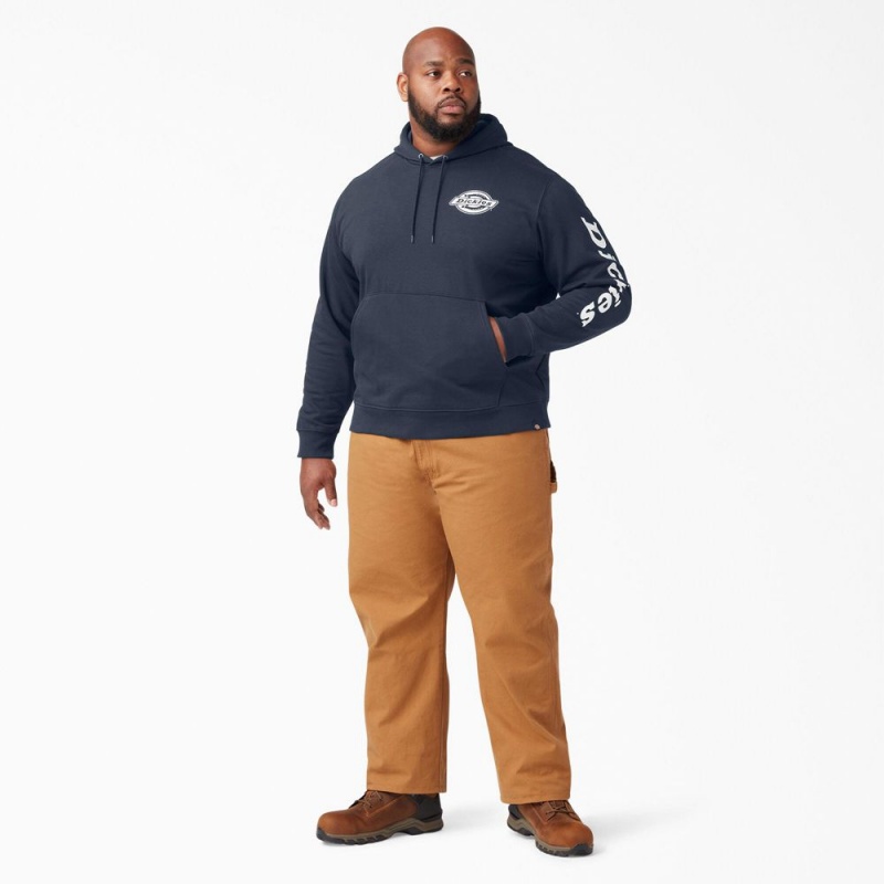 Navy Dickies Logo Sleeve Fleece Men's Hoodie | 075-NRTOZF