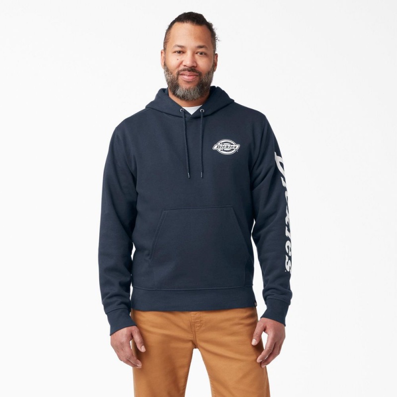 Navy Dickies Logo Sleeve Fleece Men\'s Hoodie | 075-NRTOZF