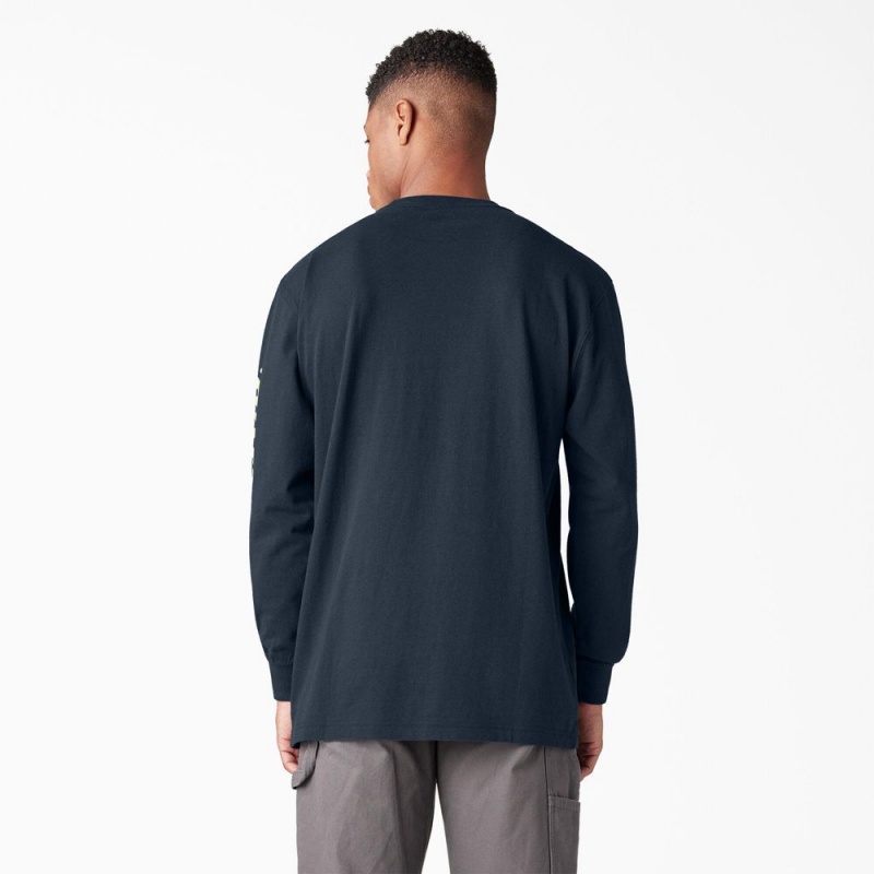 Navy Dickies Long Sleeve Heavyweight Logo Men's T-Shirt | 950-SNXHDU