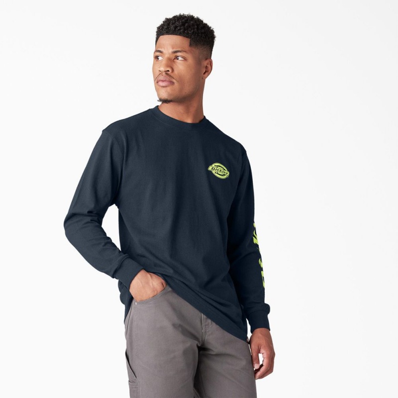 Navy Dickies Long Sleeve Heavyweight Logo Men's T-Shirt | 950-SNXHDU