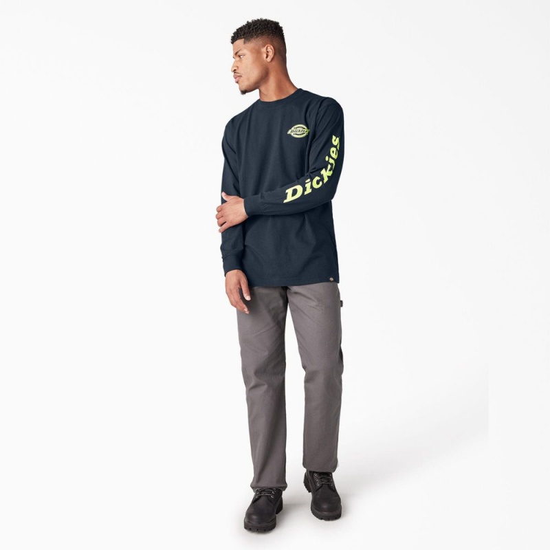 Navy Dickies Long Sleeve Heavyweight Logo Men's T-Shirt | 950-SNXHDU