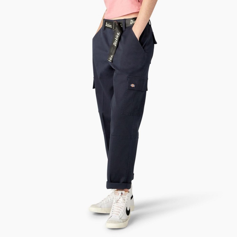 Navy Dickies Relaxed Fit Contrast Stitch Cropped Women's Cargo Pants | 891-XGPOBM