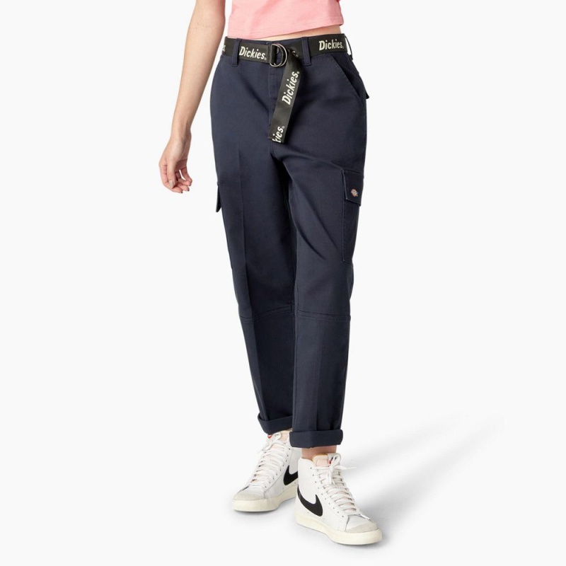 Navy Dickies Relaxed Fit Contrast Stitch Cropped Women\'s Cargo Pants | 891-XGPOBM