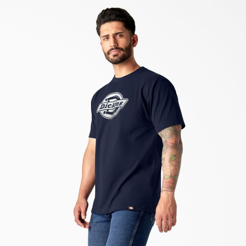 Navy Dickies Short Sleeve Logo Graphic Men's T-Shirt | 809-KQWOCR