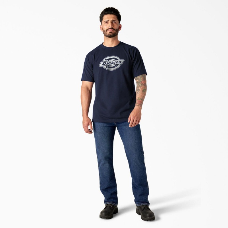 Navy Dickies Short Sleeve Logo Graphic Men's T-Shirt | 809-KQWOCR