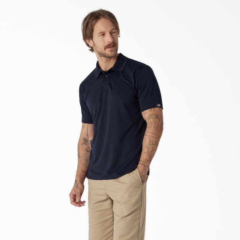 Navy Dickies Short Sleeve Performance Men's Polo Shirt | 307-QCBYAF