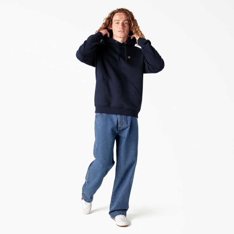 Navy Dickies Skateboarding Chest Logo Men's Hoodie | 208-IKFEGA