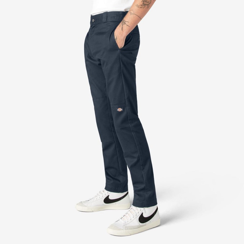 Navy Dickies Skinny Fit Double Knee Men's Work Pants | 289-YPQLAD