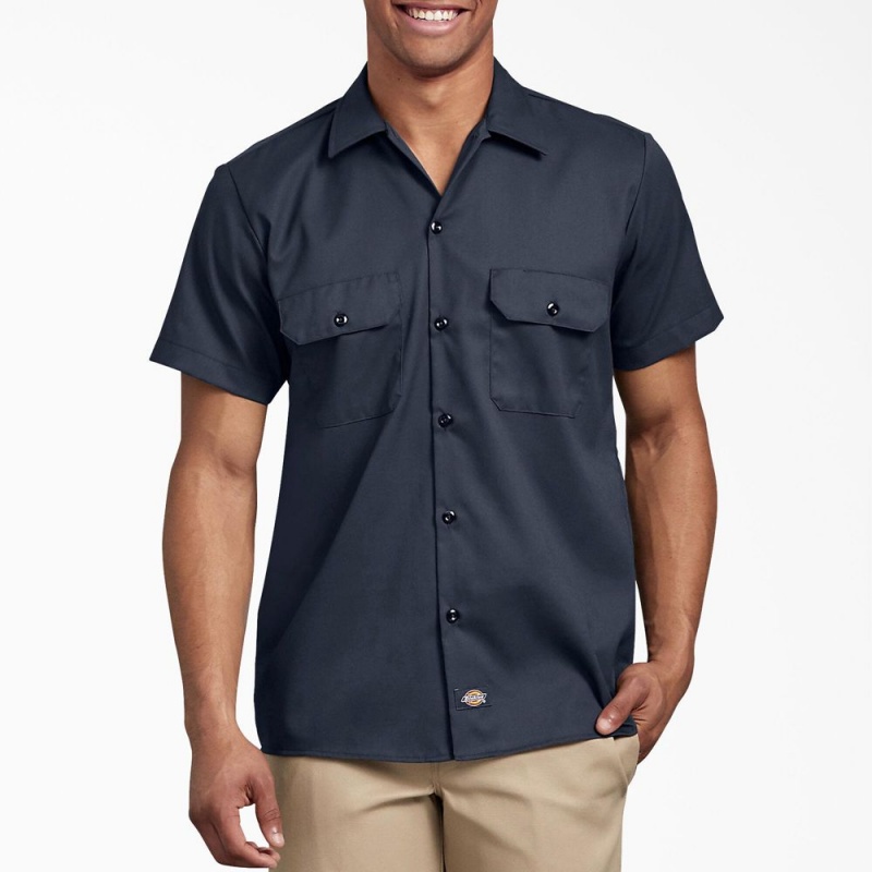 Navy Dickies Slim Fit Short Sleeve Men\'s Work Shirts | 592-QETVSA