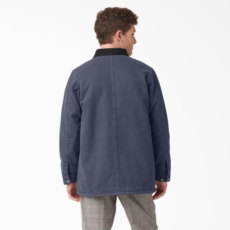 Navy Dickies Stonewashed Duck Lined Chore Men's Jacket | 281-VADBIY