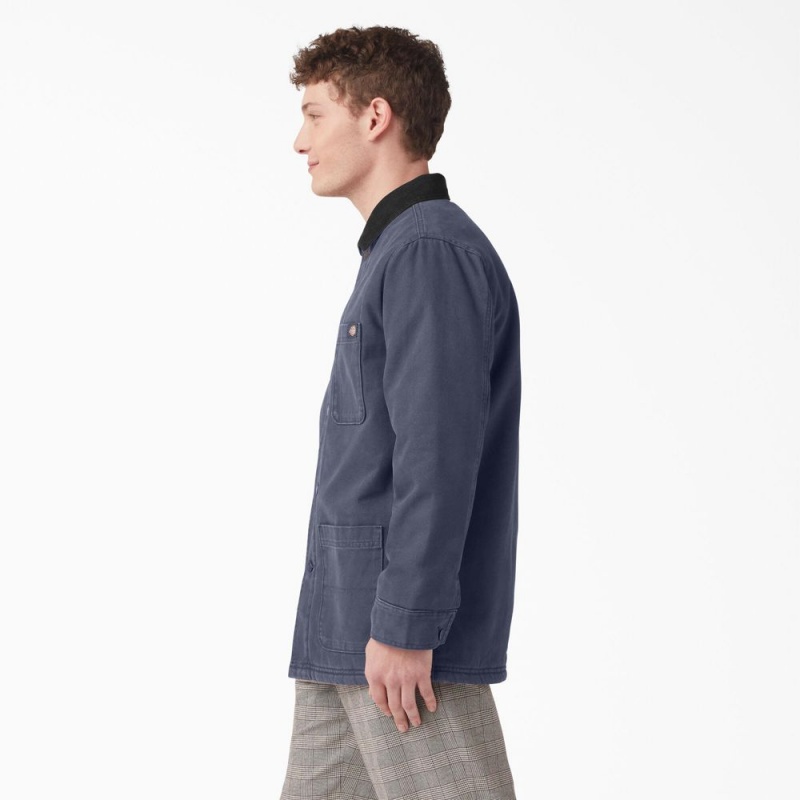 Navy Dickies Stonewashed Duck Lined Chore Men's Jacket | 281-VADBIY