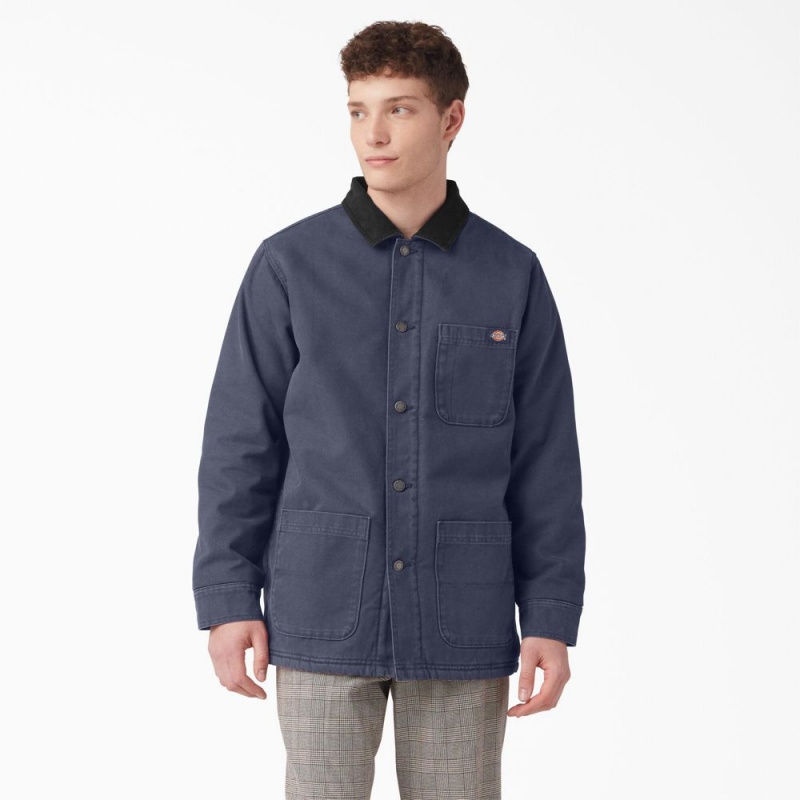 Navy Dickies Stonewashed Duck Lined Chore Men\'s Jacket | 281-VADBIY