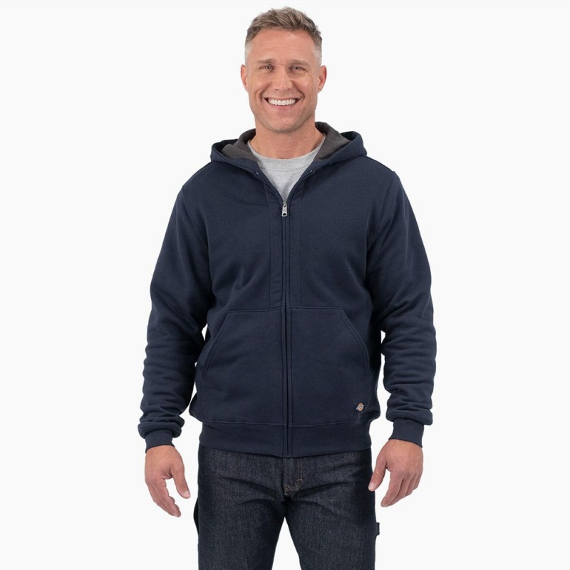 Navy Dickies Thermal Lined Full-Zip Fleece Men\'s Hoodie | 937-VQKLMH