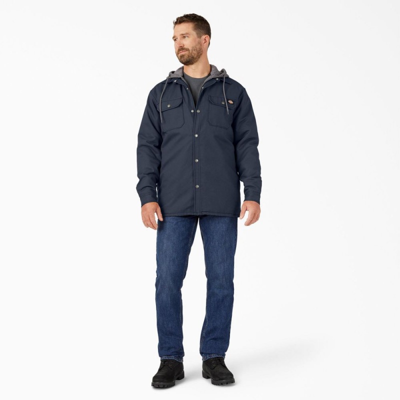 Navy Dickies Water Repellent Duck Hooded Shirt Men's Jacket | 748-ERWUCV