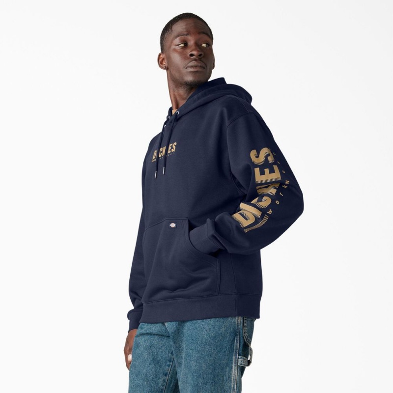 Navy Dickies Water Repellent Workwear Graphic Men's Hoodie | 564-VREZFH