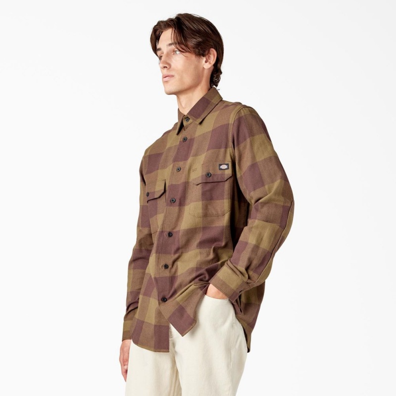 Olive Dickies Long Sleeve Flannel Men's Shirt | 563-VJSOXT