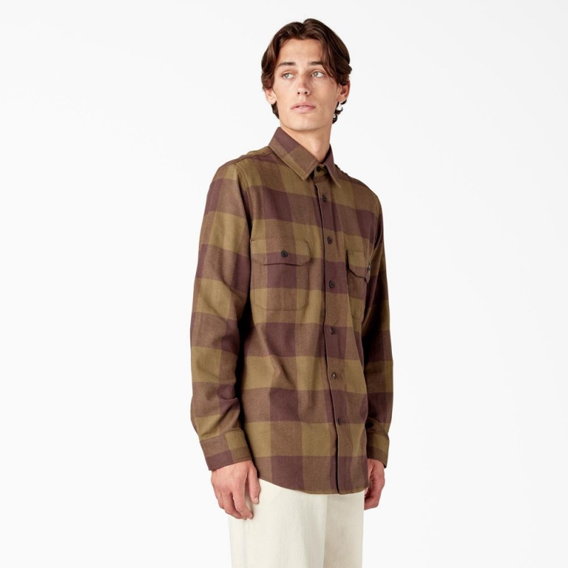 Olive Dickies Long Sleeve Flannel Men's Shirt | 563-VJSOXT