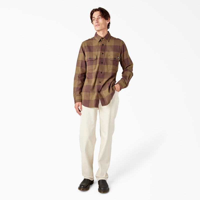 Olive Dickies Long Sleeve Flannel Men's Shirt | 563-VJSOXT