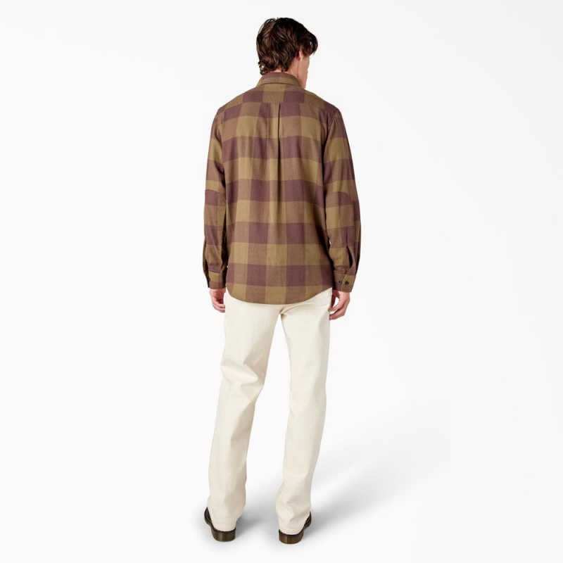 Olive Dickies Long Sleeve Flannel Men's Shirt | 563-VJSOXT