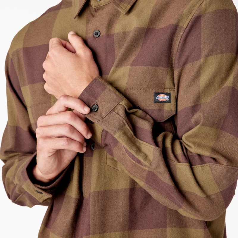 Olive Dickies Long Sleeve Flannel Men's Shirt | 563-VJSOXT