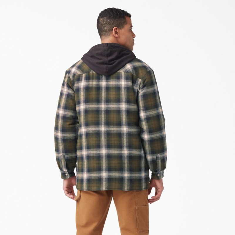 Olive Dickies Water Repellent Flannel Hooded Shirt Men's Jacket | 672-NSPTAW