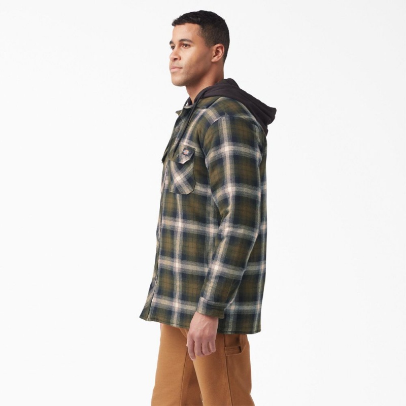 Olive Dickies Water Repellent Flannel Hooded Shirt Men's Jacket | 672-NSPTAW