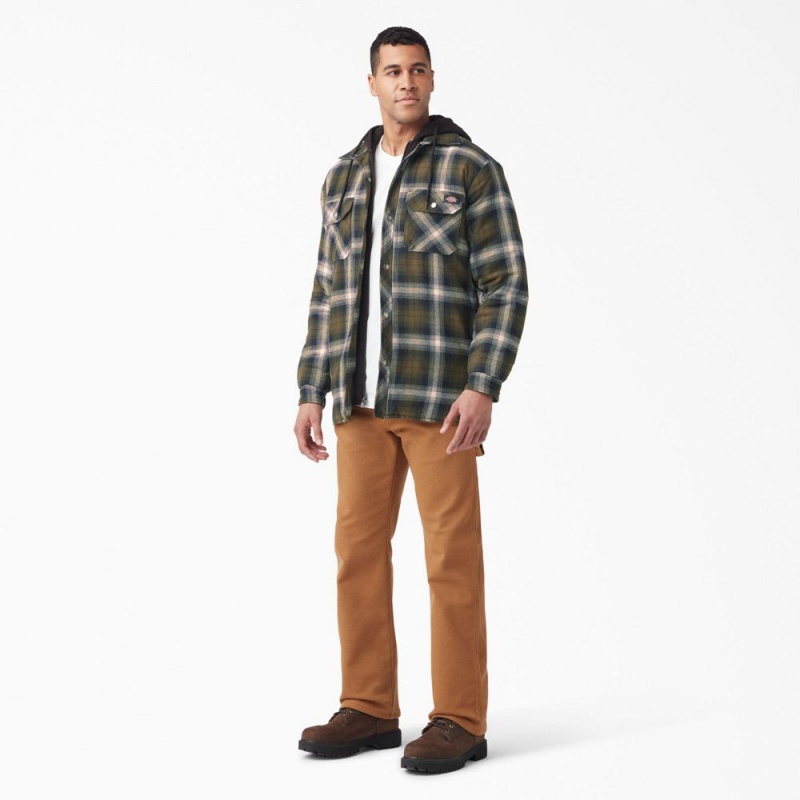 Olive Dickies Water Repellent Flannel Hooded Shirt Men's Jacket | 672-NSPTAW