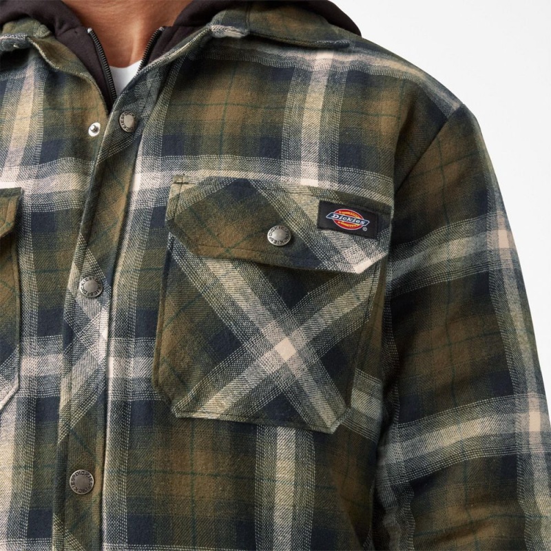 Olive Dickies Water Repellent Flannel Hooded Shirt Men's Jacket | 672-NSPTAW