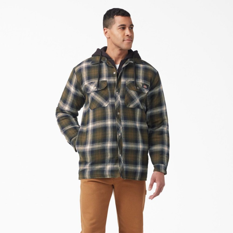 Olive Dickies Water Repellent Flannel Hooded Shirt Men\'s Jacket | 672-NSPTAW