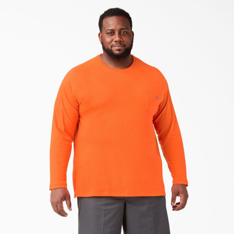 Orange Dickies Cooling Long Sleeve Pocket Men's T-Shirt | 820-HQDCPO