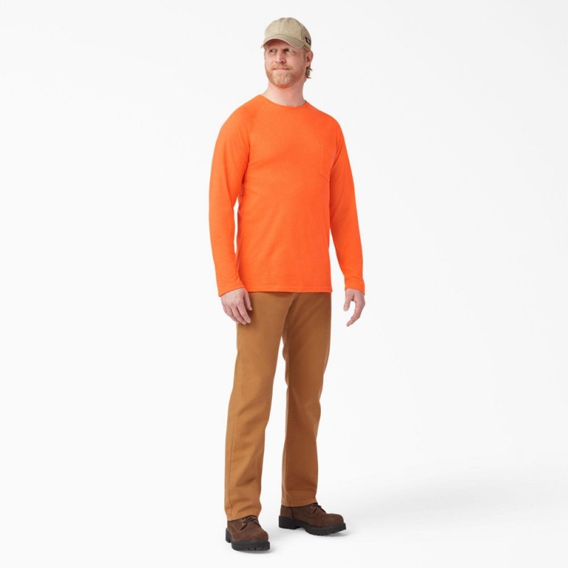 Orange Dickies Cooling Long Sleeve Pocket Men's T-Shirt | 820-HQDCPO