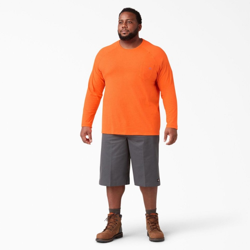 Orange Dickies Cooling Long Sleeve Pocket Men's T-Shirt | 820-HQDCPO