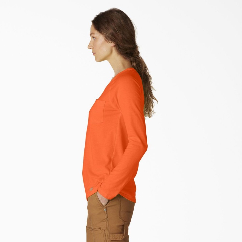 Orange Dickies Cooling Long Sleeve Pocket Women's T-Shirt | 213-BQGIXL