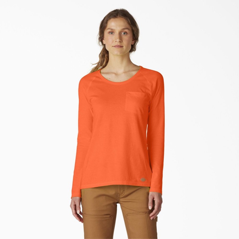 Orange Dickies Cooling Long Sleeve Pocket Women\'s T-Shirt | 213-BQGIXL